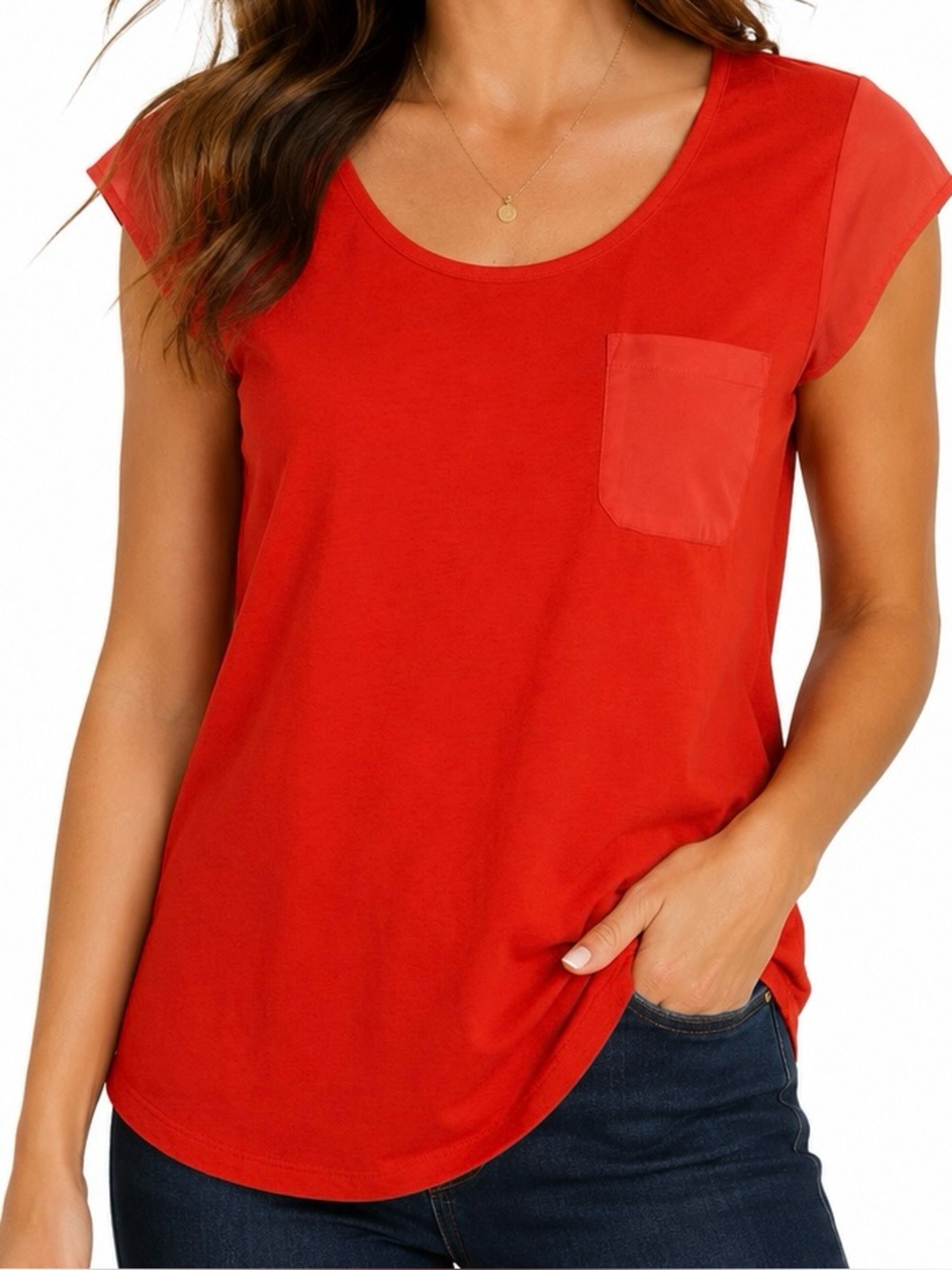 Calvin Klein Chili Red Stretch Cap Sleeve Pocket Top Blouse L XL